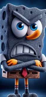 Grumpy cartoon sponge character on wallpaper.