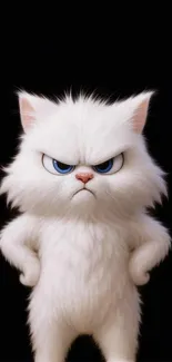 Grumpy white cartoon cat with black background.