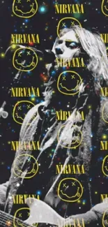 Nirvana band wallpaper with iconic grunge style and logos in black and yellow.