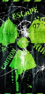 Grunge radiation warning wallpaper in black and acid green colors.