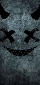 Grunge smiley face wallpaper with dark tones and abstract elements.