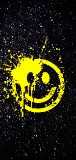 Grunge style yellow smiley face with paint splashes on a dark background wallpaper.