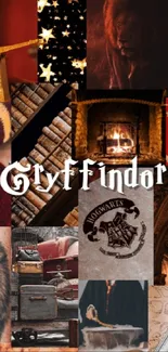 Gryffindor-themed collage wallpaper with red and gold accents.