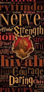 Gryffindor-themed wallpaper with lion emblem and bold words.