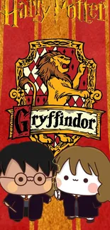 Cute Gryffindor cartoon wallpaper with crest on red background.