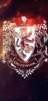 Gryffindor crest in space-themed wallpaper design.