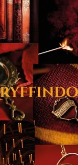 Mobile wallpaper with Gryffindor theme in red and gold hues, featuring magic elements.