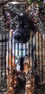 Dog peering through ornate black gate in vibrant mobile wallpaper.