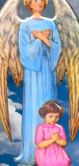 Guardian angel with child in blue sky