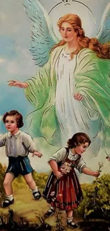 Guardian angel and children illustrated wallpaper, serene and divine theme.