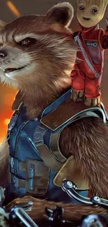 Animated raccoon and tree character in sci-fi gear.