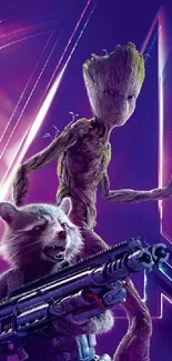 Mobile wallpaper of Rocket and Groot in vibrant purple background.