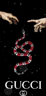 Artistic black wallpaper with red snake and hands.