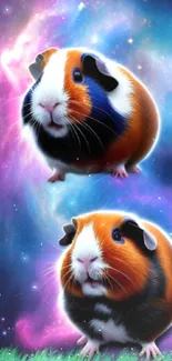 Two adorable guinea pigs in a cosmic galaxy setting, with vibrant purple and blue hues.