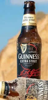 Guinness Extra Stout bottles on a sunny beach with sandy rocks.