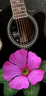 Guitar with pink flower and leaves wallpaper.