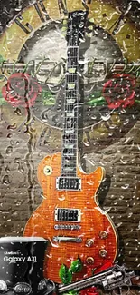 Orange guitar and roses on brick background wallpaper.