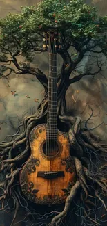 A guitar blending seamlessly with a tree in a surreal artwork.