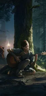 Person playing guitar in a mystical forest under a tree, creating a serene atmosphere.