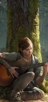 Person playing acoustic guitar in sunlit forest.