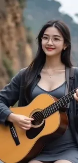 Woman playing guitar on scenic roadside.