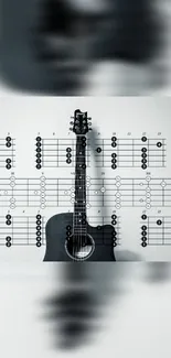 Acoustic guitar with music notes background, perfect for music enthusiasts.