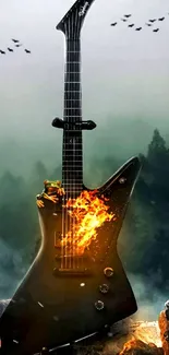 Fiery guitar with smoke and forest background, artistic mobile wallpaper.