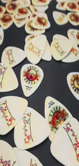 Guitar picks scattered on dark background.