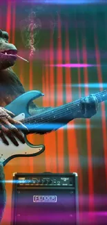 Chimpanzee playing guitar on stage with vibrant lights.