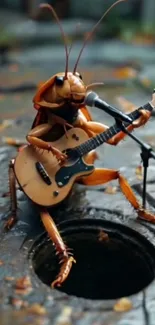 Insect playing guitar on manhole cover.