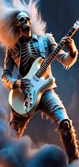 Skeleton playing guitar with clouds in the background.
