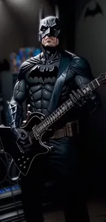 Superhero in black suit playing electric guitar in dim light.