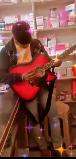 Guitarist playing in a vibrant shop with colorful sparkles.