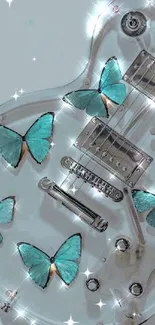 Transparent guitar with blue butterflies and a soft, sparkling background.