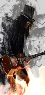 Stylish wallpaper of a guitarist with smoke art design.