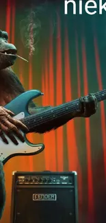 Chimpanzee playing guitar on stage with vibrant red curtains.