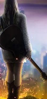 Woman guitarist stands with guitar in hand against a cityscape at night.