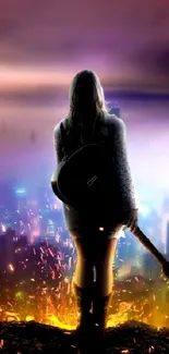 Silhouette of a guitarist with a vibrant, colorful cityscape and night sky.