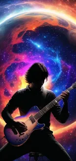 Silhouetted guitarist against a colorful cosmic planet background.