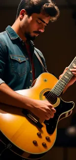 Guitarist engrossed in playing in a vintage-style setting.