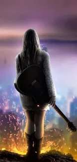 Guitarist overlooking city lights in a dreamy urban landscape.