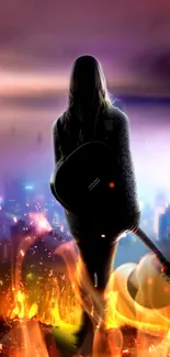 Silhouette of woman with guitar over vibrant cityscape with fiery elements.