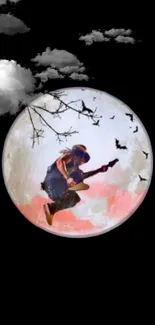 Guitarist jumps in front of a full moon with bats and branches on a black background.