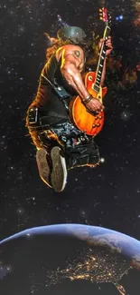 Guitarist jumping above Earth with a cosmic starry background in space.