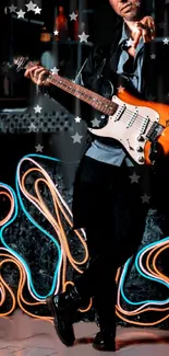 Guitarist playing with neon lights backdrop.