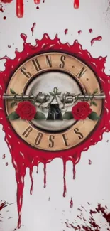 Guns N' Roses logo with roses and red splash design.