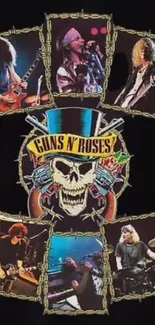 Guns N' Roses band artwork with vibrant concert scenes on a dark background.