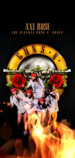 Guns N' Roses logo with flowers and band members on a black background.