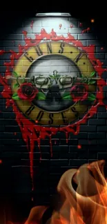 Guns N' Roses logo on a black brick wall with red accents.