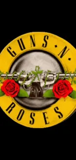 Guns N' Roses logo with roses and barbed wire on yellow background.